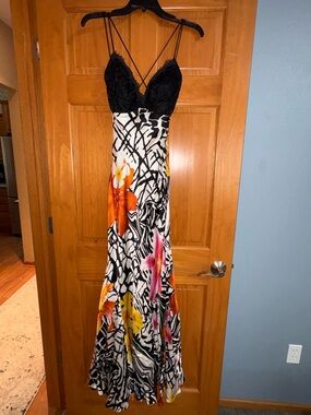 Mary L Couture Silk Lace Maxi Dress Black Floral Size 0